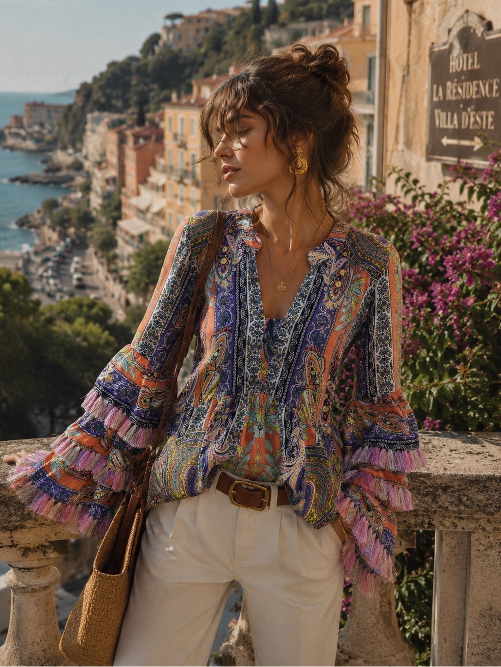 KAS New York Paisley Boho Tunic Blouse Tassel Bell Sleeve Pastel Fringes Medium